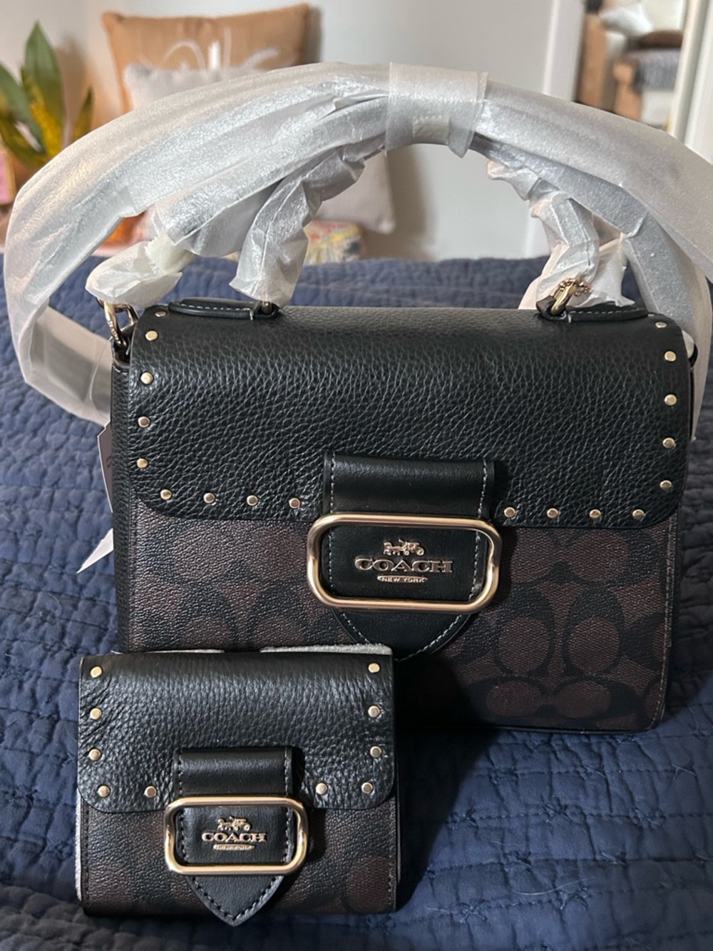 Coach Black and Brown Signature Leather Satchel with Wallet